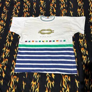 Vintage Hang Ten Regatta Mens Striped TShirt Oversized Small Flags Regatta STAIN